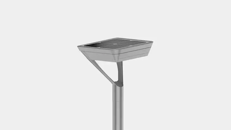 Modern solar-powered street light with a sleek rectangular solar panel on top.