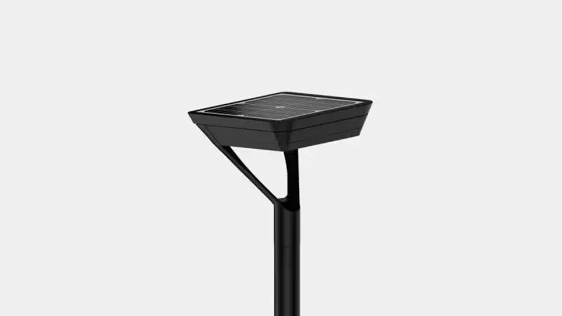 Modern black solar-powered street lamp with a rectangular solar panel on top.