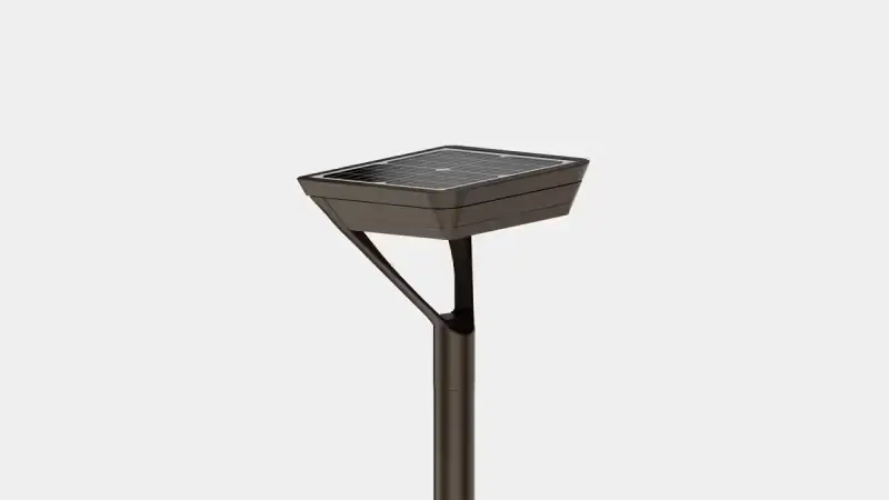 Modern outdoor solar-powered street lamp with a square solar panel on top.