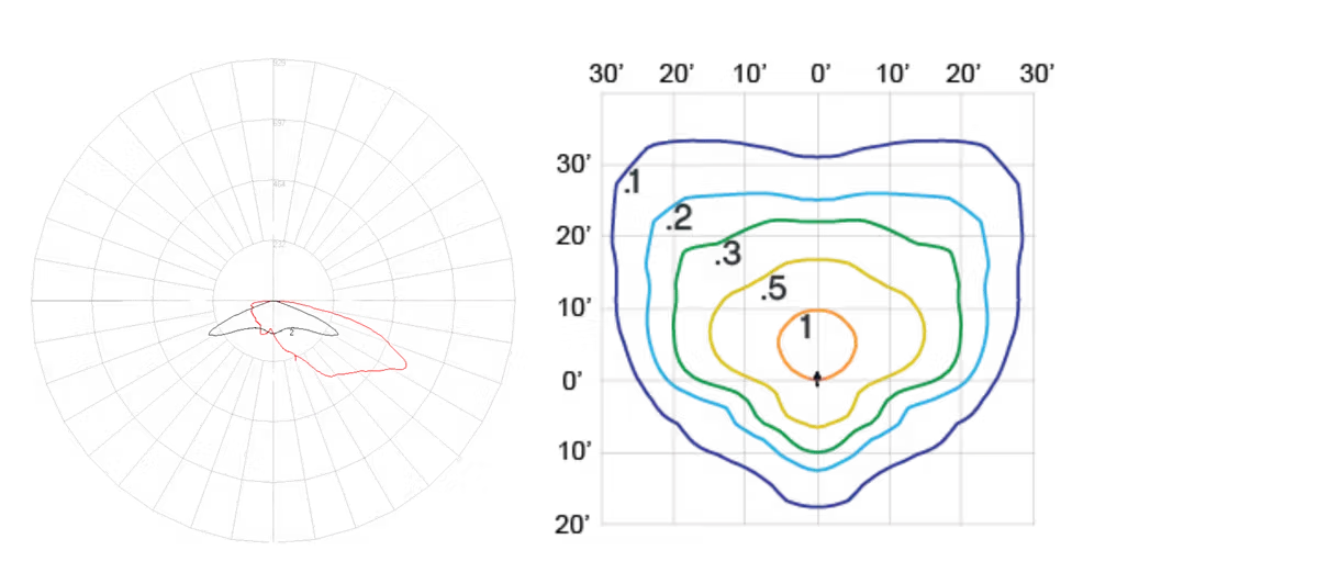 Two scientific charts: on the left, a red irregular shape plotted on a circular polar grid with radial and angular divisions; on the right, a contour plot with multicolored contour lines forming nested irregular shapes on a square grid with labeled axes.