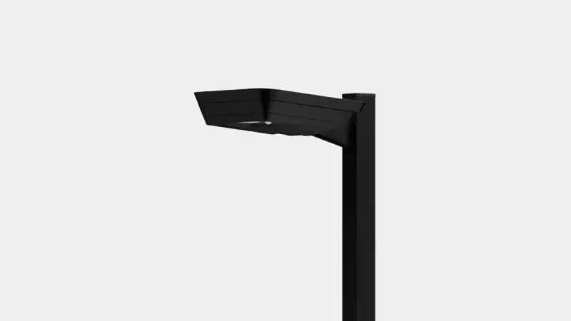 Modern black street lamp with a flat rectangular light fixture against a plain gray background.