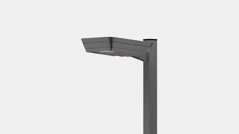 Modern dark gray outdoor street lamp pole with a flat, rectangular LED light fixture.