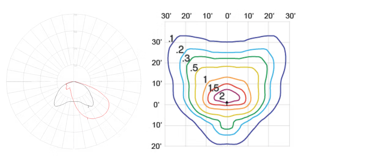Two scientific plots side by side: a polar plot on the left with multiple radial lines and a highlighted red closed curve, and a color-coded contour plot on the right with concentric irregular shapes in colors from purple to blue.