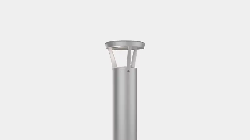 Modern cylindrical outdoor metal lamp post with round top fixture and three supporting arms against a plain light gray background.
