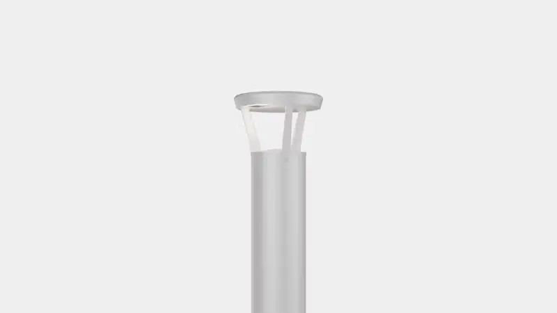 Modern white outdoor lamp post with a flat top and transparent panels on a gray background.