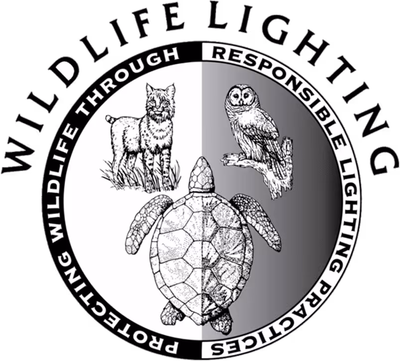 Logo with a turtle, owl, and bobcat inside a circle divided into white and gray halves, surrounded by the text 'Protecting Wildlife through Responsible Lighting Practices' and 'Wildlife Lighting' above.