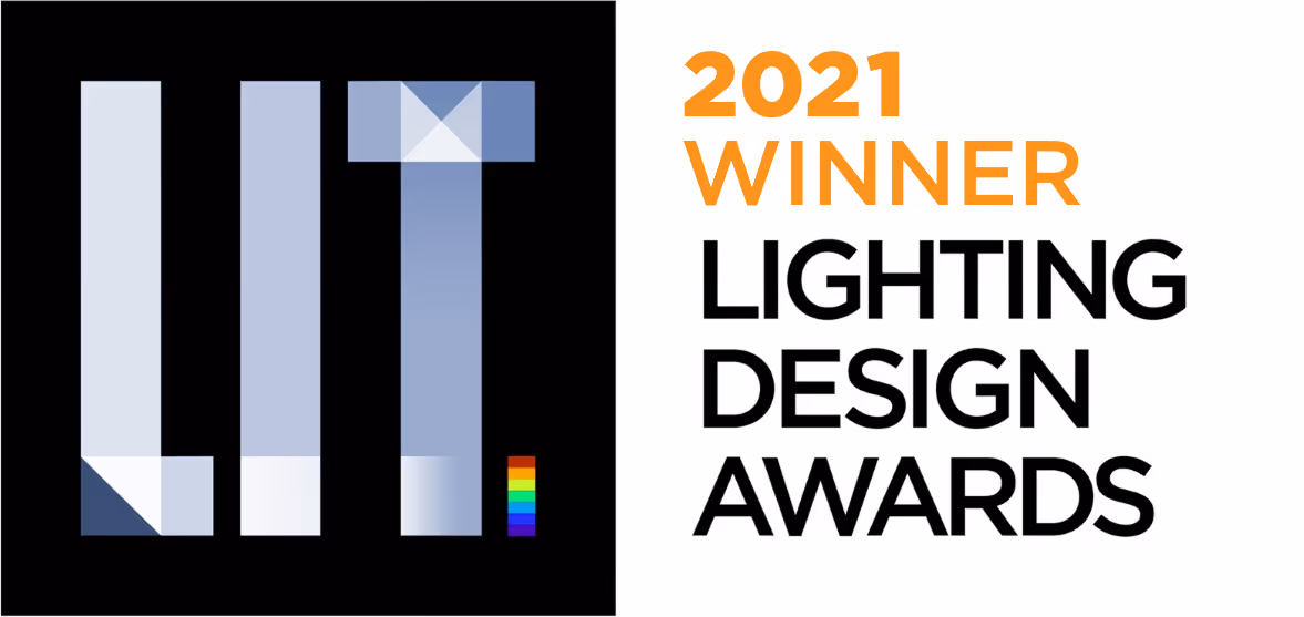 Logo with stylized letters 'LIT' and a small rainbow bar on a black background, next to text reading '2021 Winner Lighting Design Awards'.