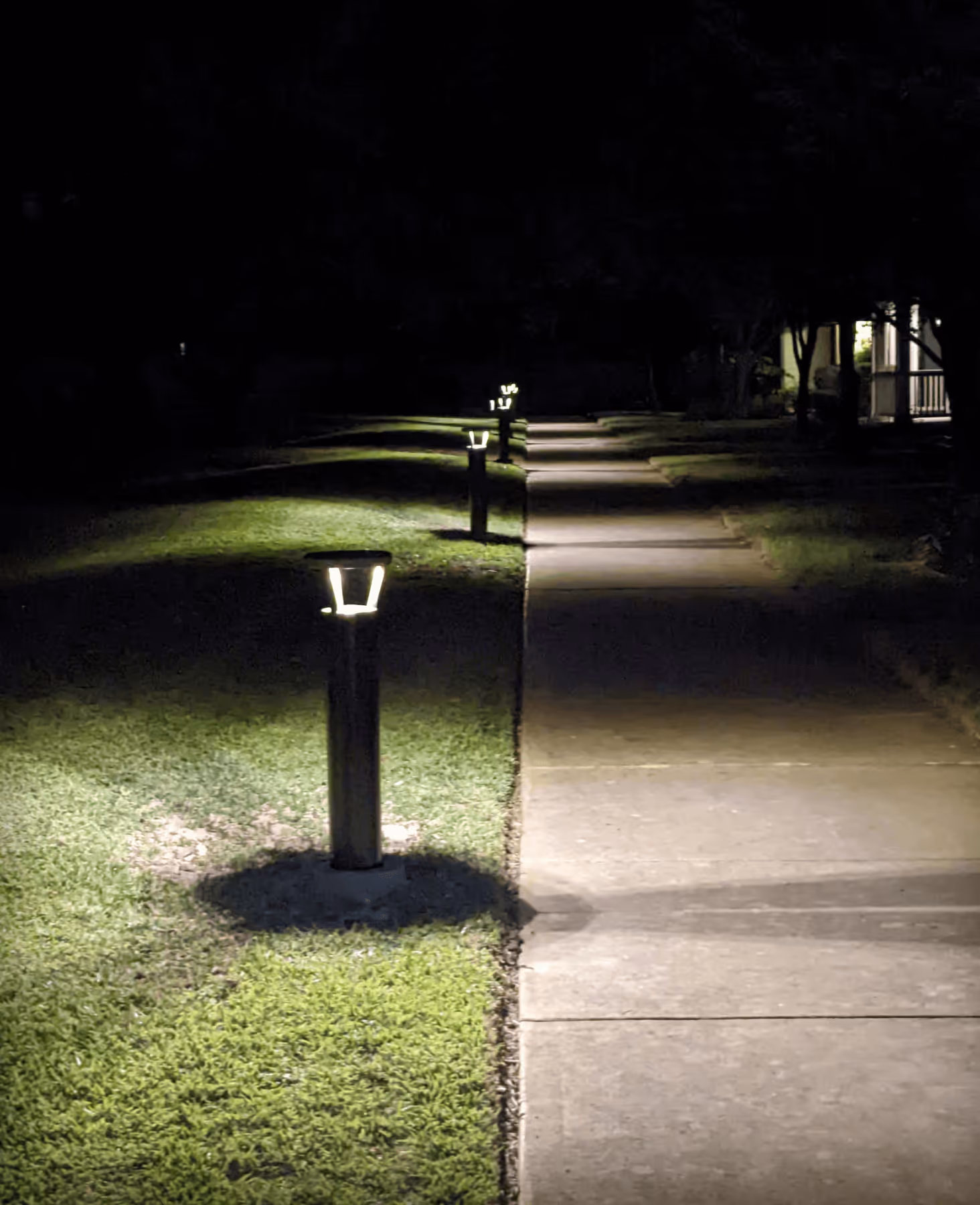 Concrete sidewalk at night lined with illuminated bollard lights casting shadows on green grass.
