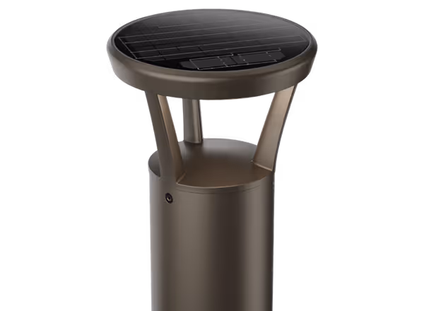 Modern outdoor lamp post with a round solar panel top and angular supports.