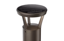 Modern outdoor solar-powered light fixture with a round top and vertical supports.