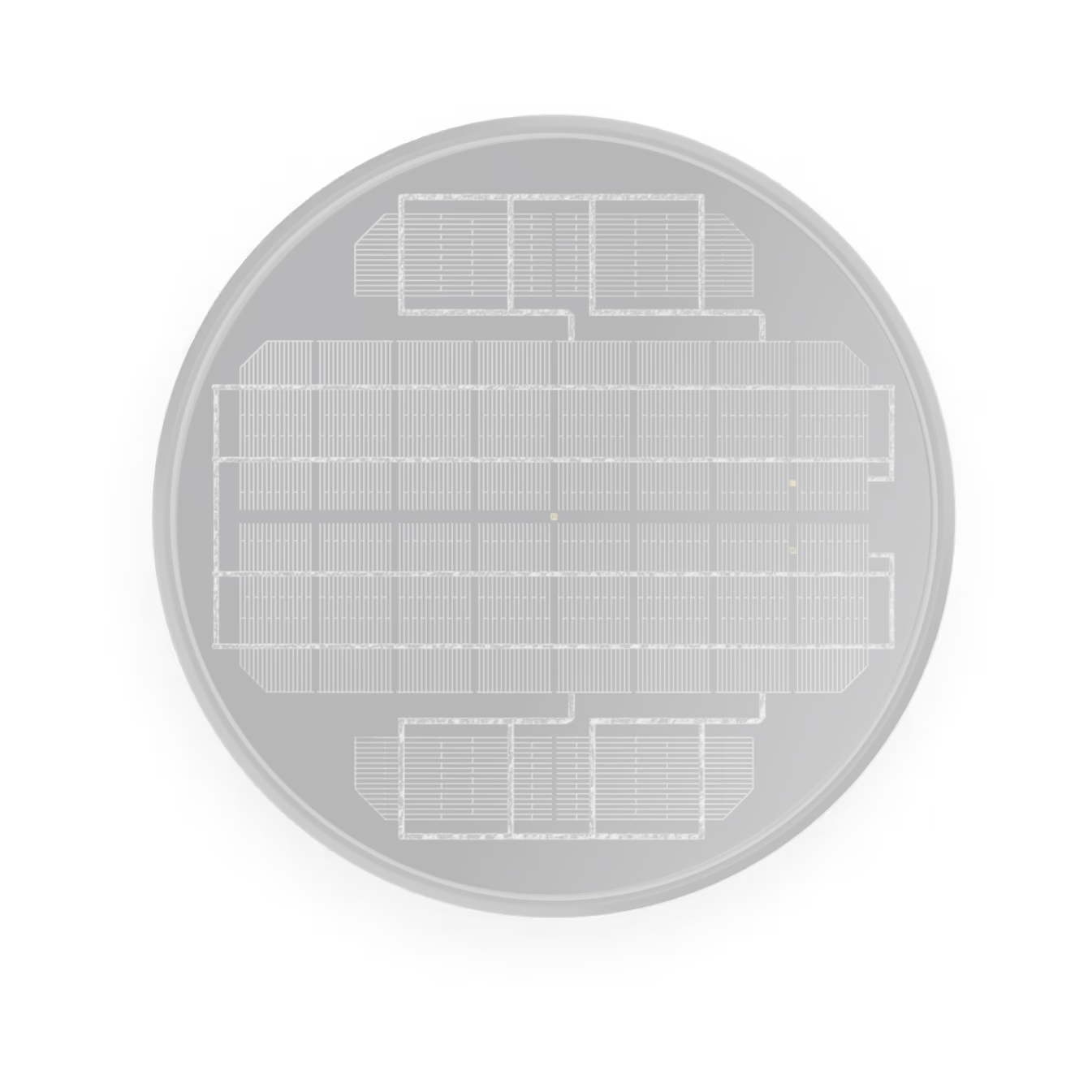 Top-down view of a circular device with rectangular grid-like patterns connected by lines inside.