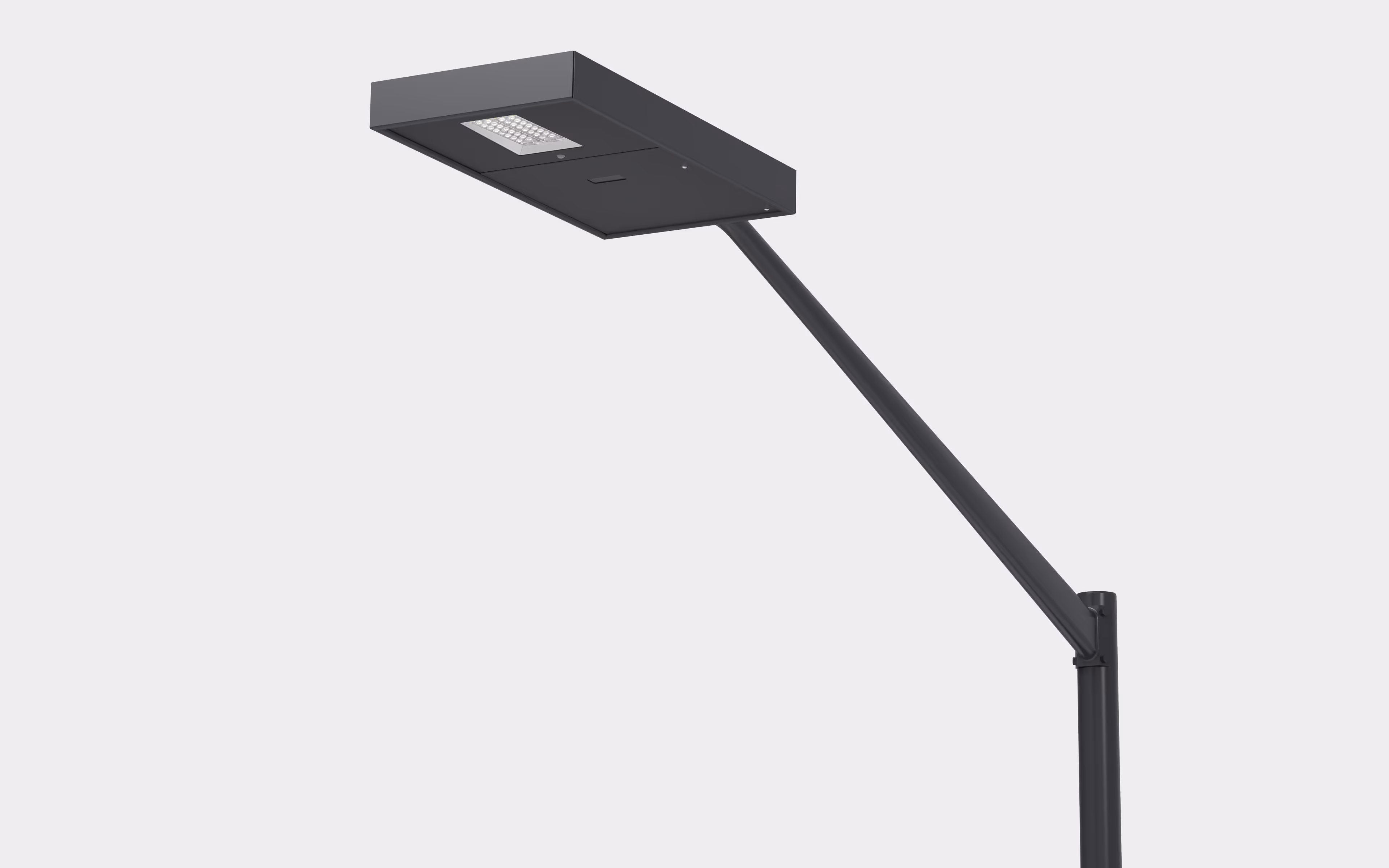 Modern black street lamp with rectangular LED light fixture and angled arm on gray background.