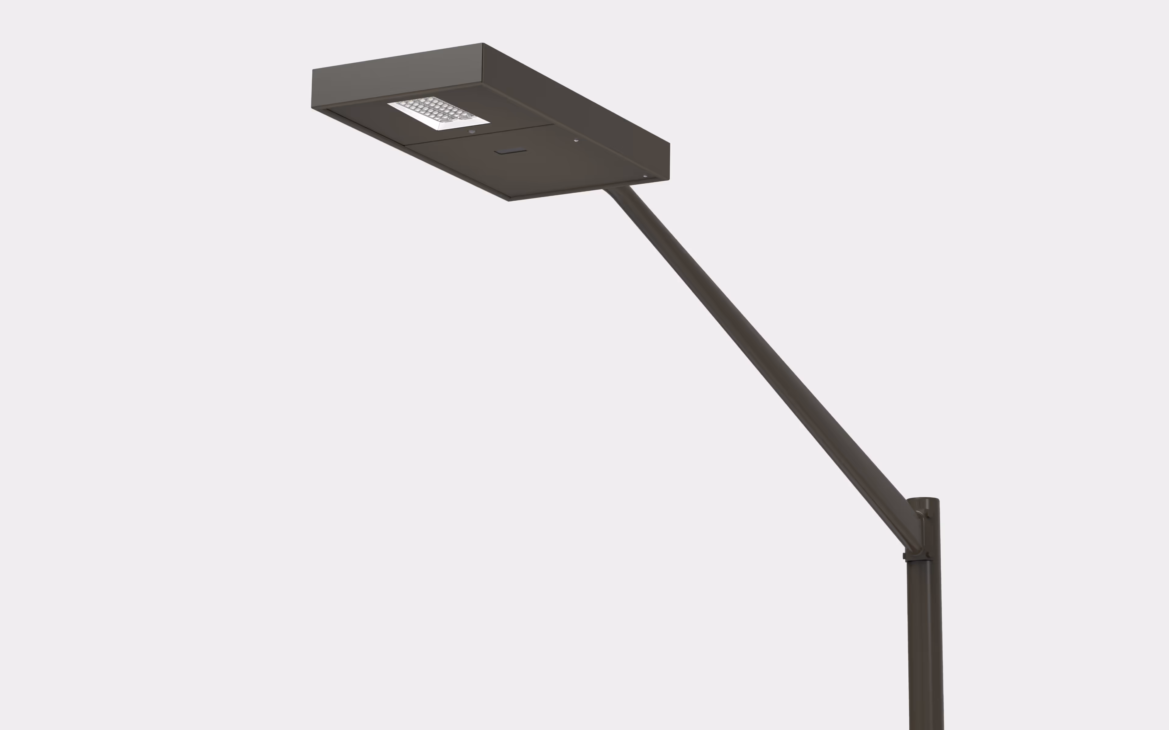 Modern dark bronze street lamp with a rectangular LED fixture on a curved arm.