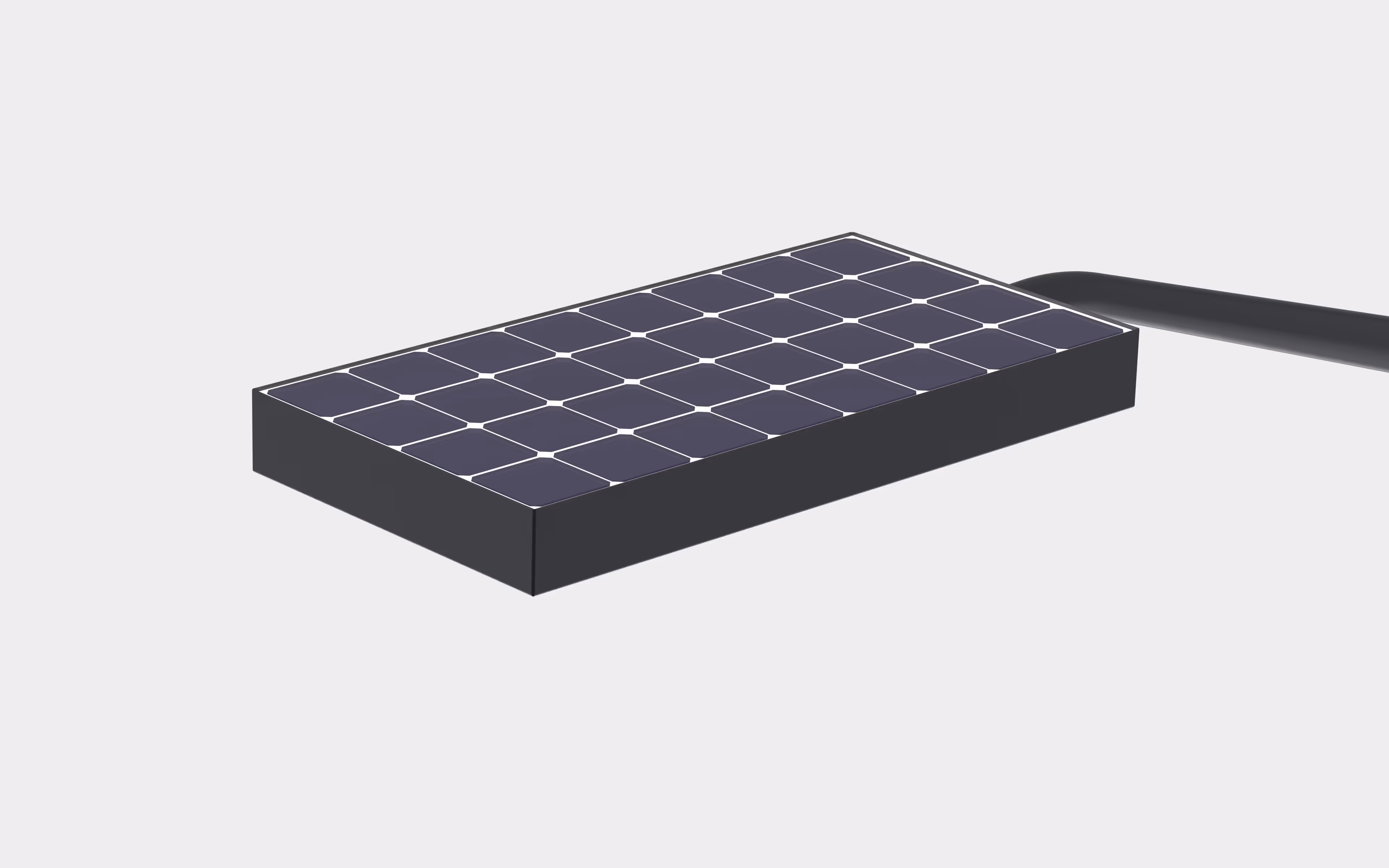 Rectangular black solar panel with dark blue cells connected to a black cable.