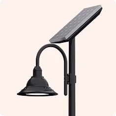 Black solar-powered street lamp with a curved arm and rectangular solar panel at the top.