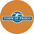 Town of Frisco Colorado logo with mountain peaks above text on a brown circular background.