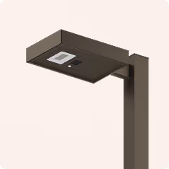 Black solar-powered street lamp with a curved arm and rectangular solar panel at the top.