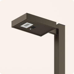 Black solar-powered street lamp with a curved arm and rectangular solar panel at the top.