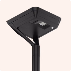 Modern black street lamp with a square LED light panel at the top.