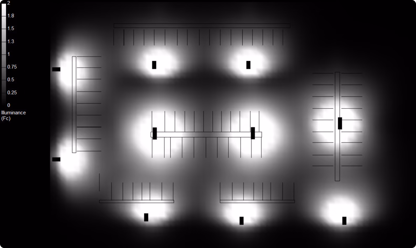 Black and white heatmap showing illuminance levels with scale from 0 to 2 foot-candles.