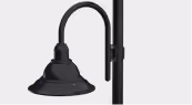 Black outdoor wall light fixture with curved arm and downward bell-shaped shade.