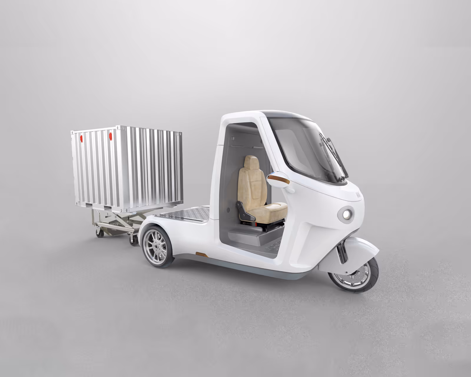 Weißer SmarTuk L2 mit angekoppeltem Frachtcontainer.