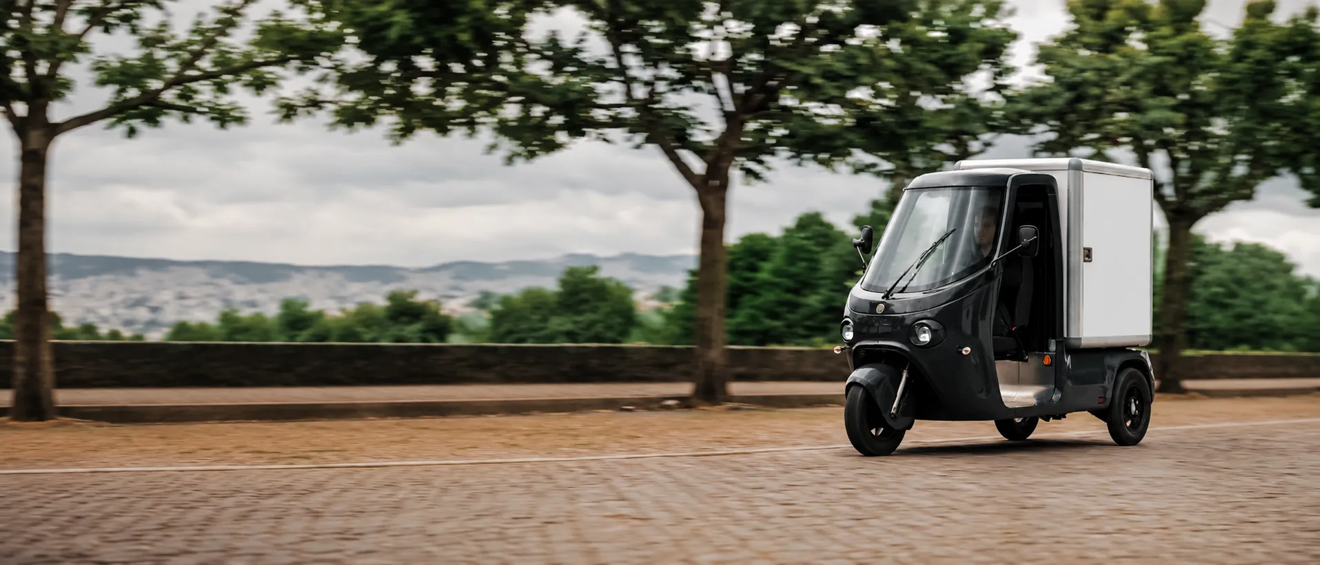 Elektrisches Lieferfahrzeug SmarTuk L2 fährt auf einer gepflasterten Straße durch eine baumbestandene Landschaft.