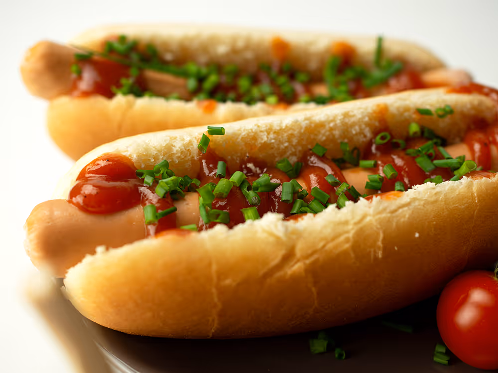 Zwei Hotdogs in weichen Brötchen mit Ketchup und gehacktem Schnittlauch, angerichtet auf einem Teller.