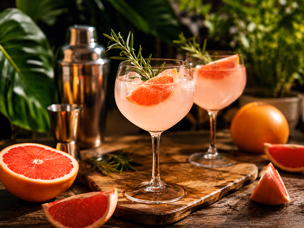 Zwei rosafarbene Grapefruit-Cocktails mit Eis, Grapefruitstücken und Rosmarinzweigen stehen in großen Weingläsern auf einem rustikalen Holztisch. Daneben liegen halbierte und geschnittene Grapefruits sowie ein Cocktailshaker; im Hintergrund sind üppige grüne Pflanzen zu sehen.