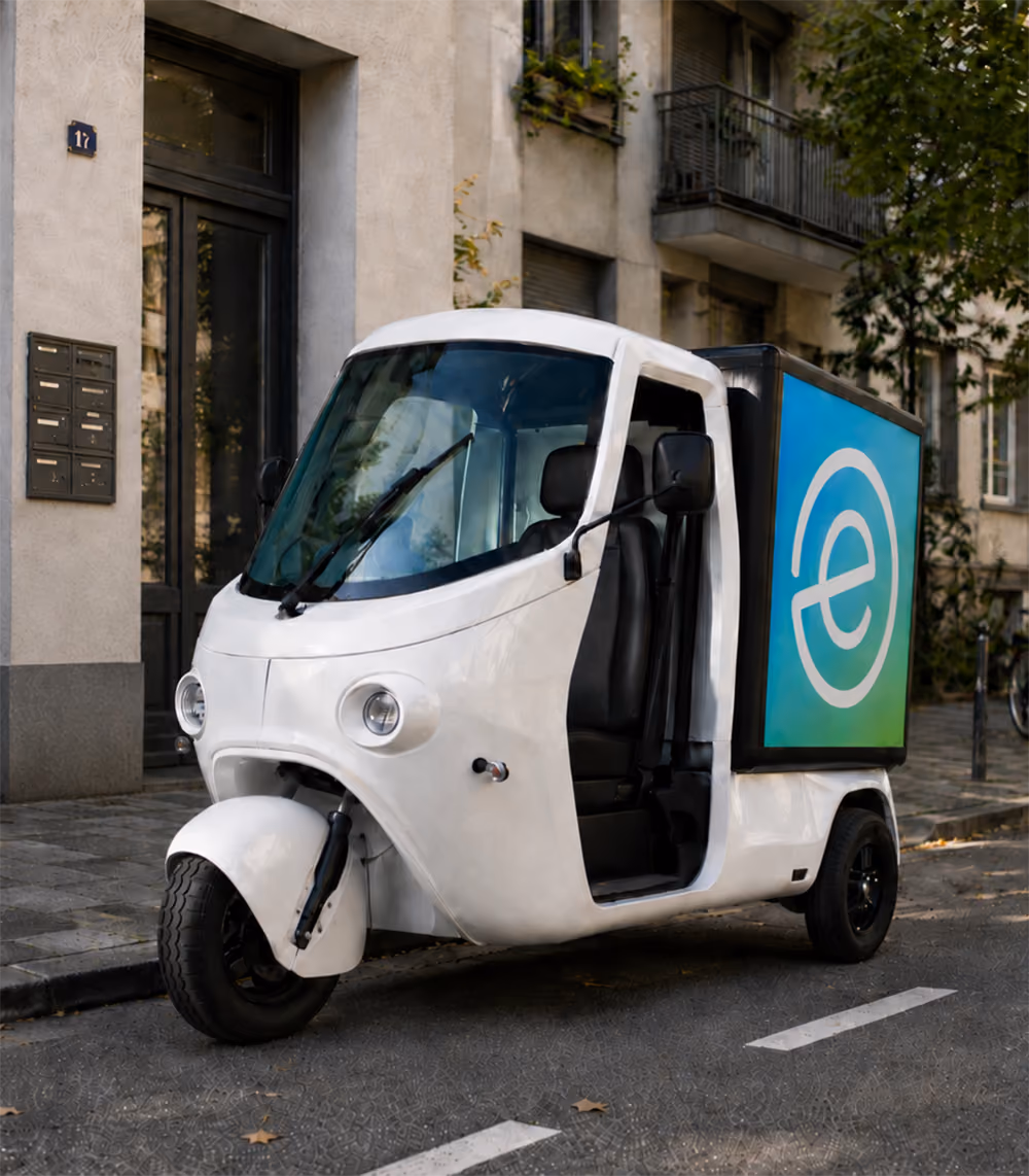 SmarTuk L2 mit Corporate Design Branding parkt am Straßenrand vor einem Wohnhaus.