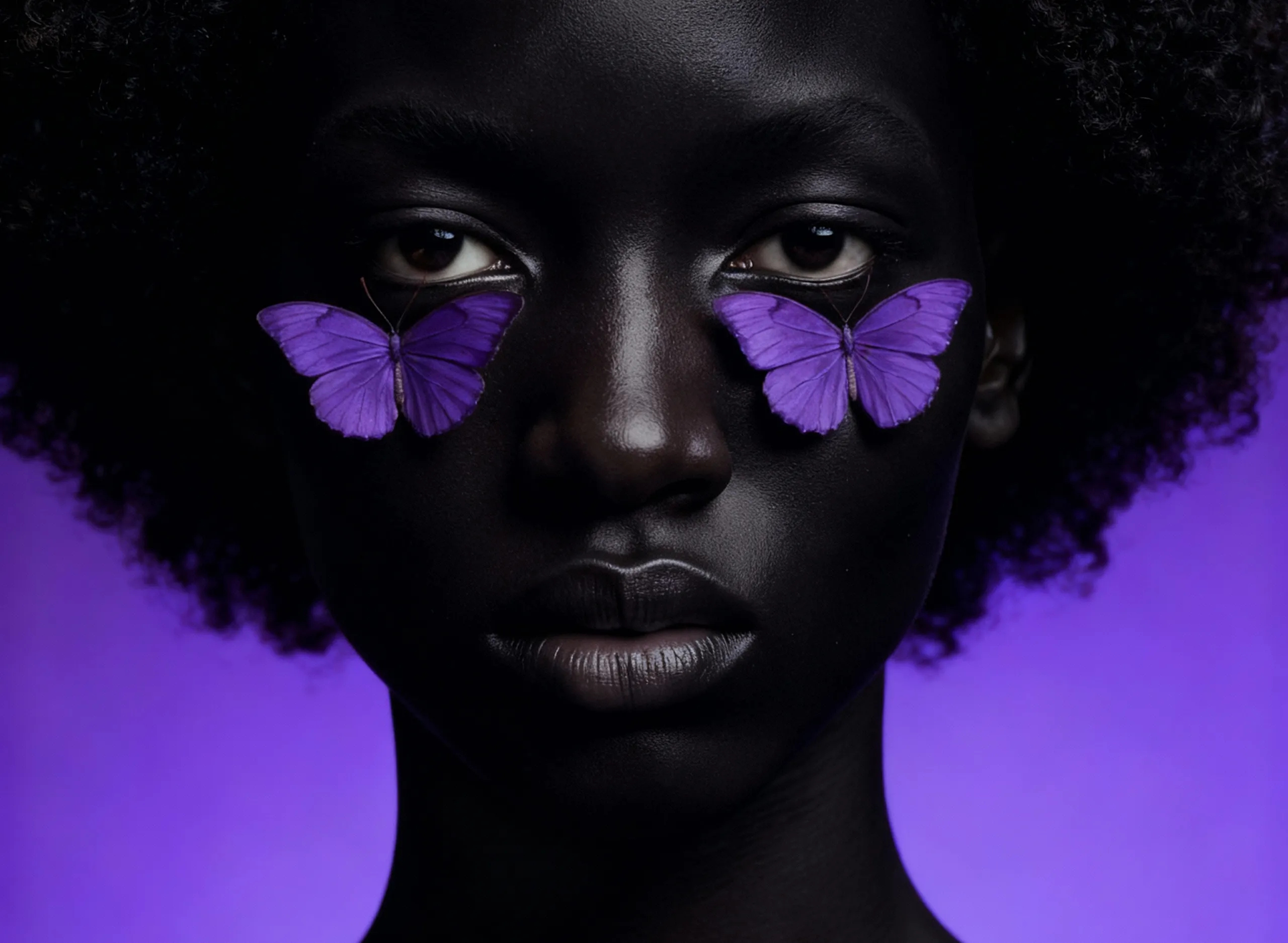 Close-up of a person with dark skin and short curly hair, with two purple butterflies resting just below their eyes against a purple background.