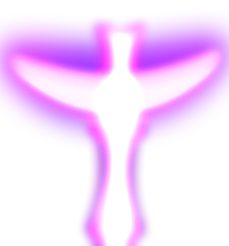 Glowing white human figure with arms outstretched surrounded by purple aura on black background.
