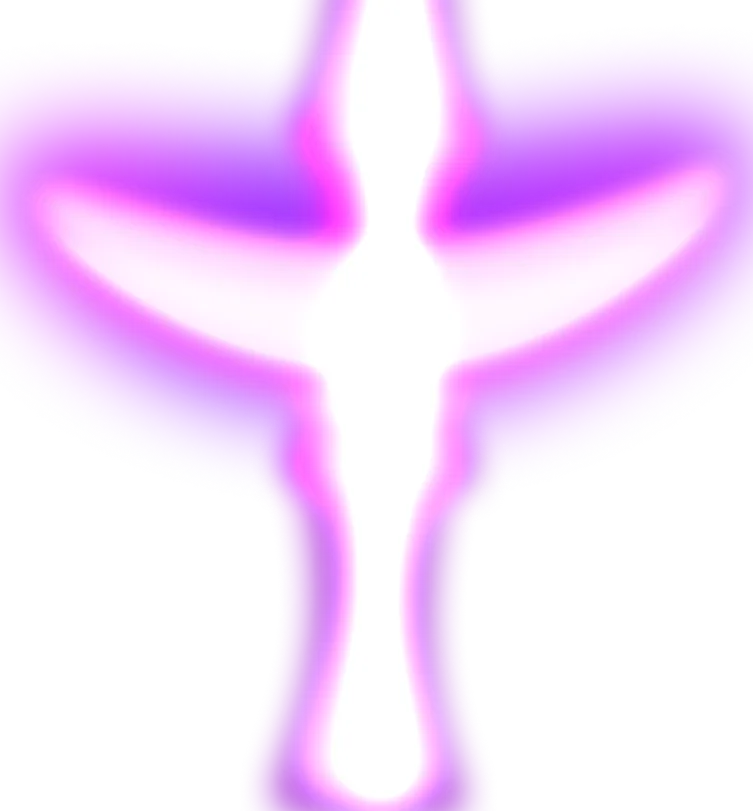 Abstract glowing white figure with outstretched arms surrounded by a purple aura on black background.