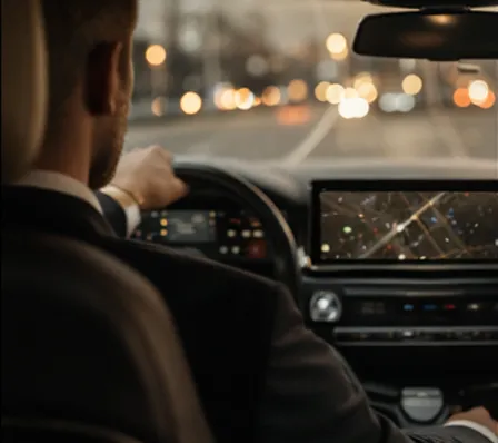 A chauffeur driving a luxury car through city streets at dusk