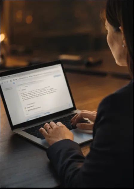A businesswoman in a dark blazer working on a laptop at a softly lit desk