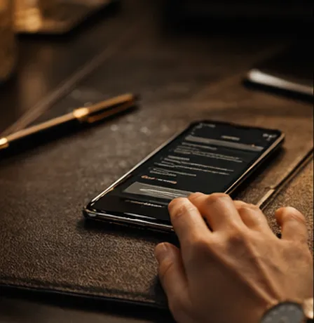A hand using a smartphone on a leather desk beside a gold pen