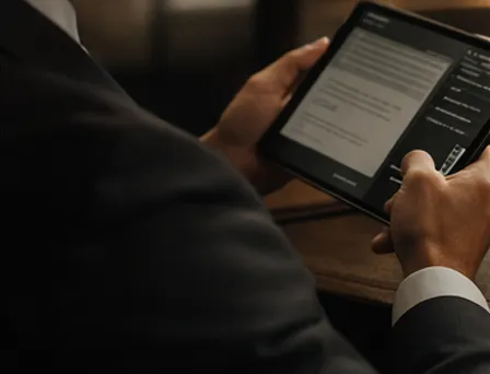 A man in a suit reviewing a document on a tablet while seated