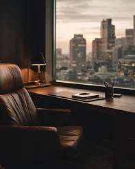 A leather chair at a desk by a window overlooking a city skyline