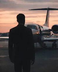 A man in a suit silhouetted beside a private jet at dusk