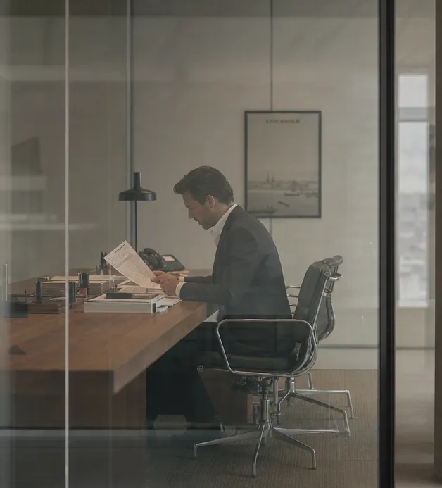 A man in a suit reading documents at a desk in a glass-walled office
