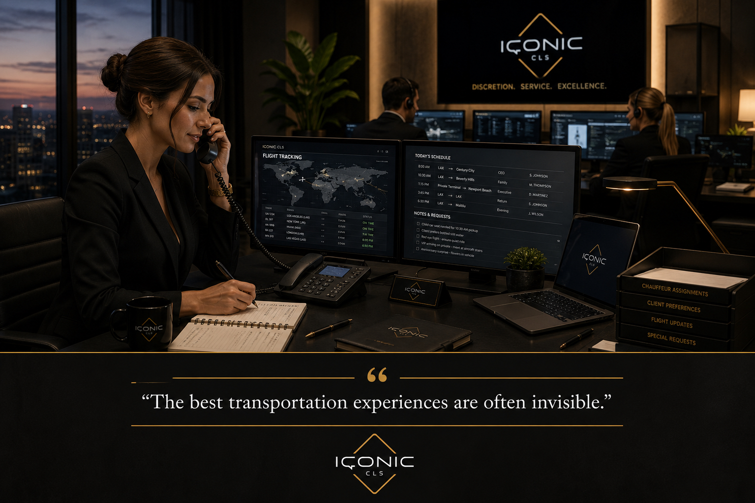 An Iconic CLS concierge on the phone at a desk with flight-tracking and schedule screens in the operations office