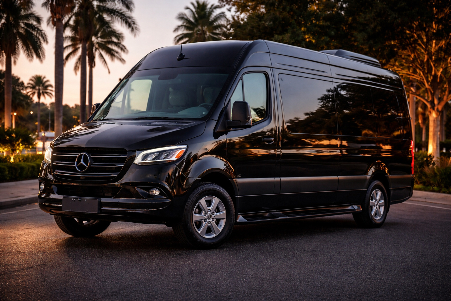 A black Mercedes-Benz Sprinter shuttle van on a palm-lined street at dusk
