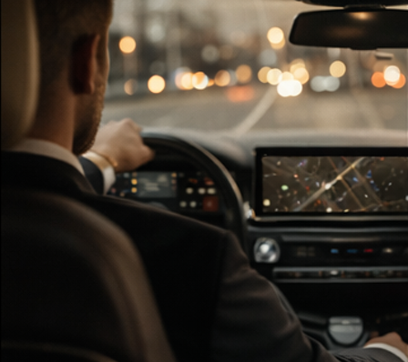 An Iconic CLS chauffeur driving a luxury car through Los Angeles at dusk