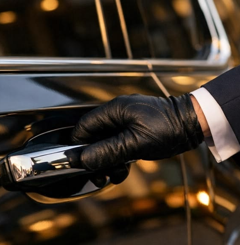 A gloved Iconic CLS chauffeur opening the door of a black luxury car