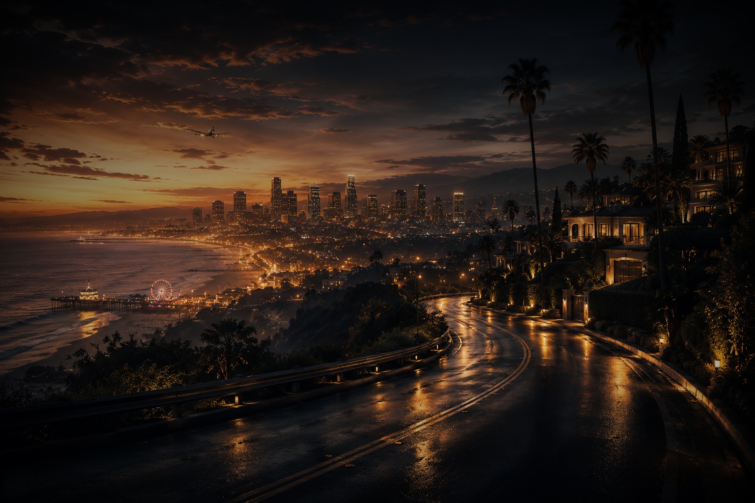 Los Angeles at dusk — the coastline, Santa Monica pier, and downtown skyline glowing gold as a flight crosses overhead