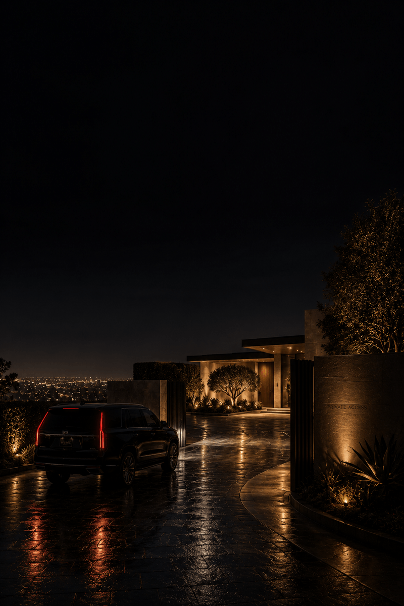 A black Cadillac Escalade waiting on a wet driveway at a lit private entrance above the Los Angeles city lights at night