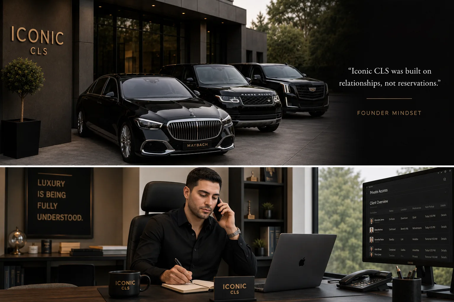 An Iconic CLS branded collage: a black Maybach, Range Rover, and Cadillac Escalade outside the office, and the founder working at his desk
