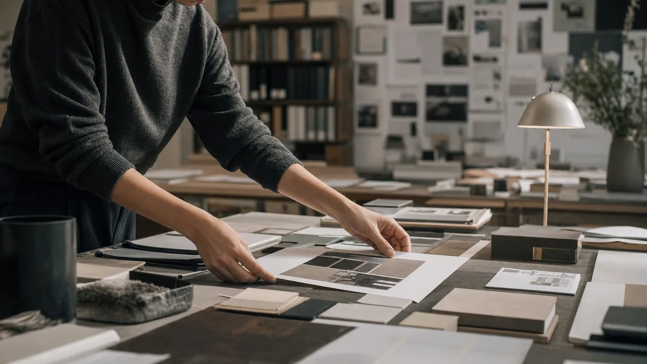 A person in a grey sweater arranging photographs and material samples on a studio desk