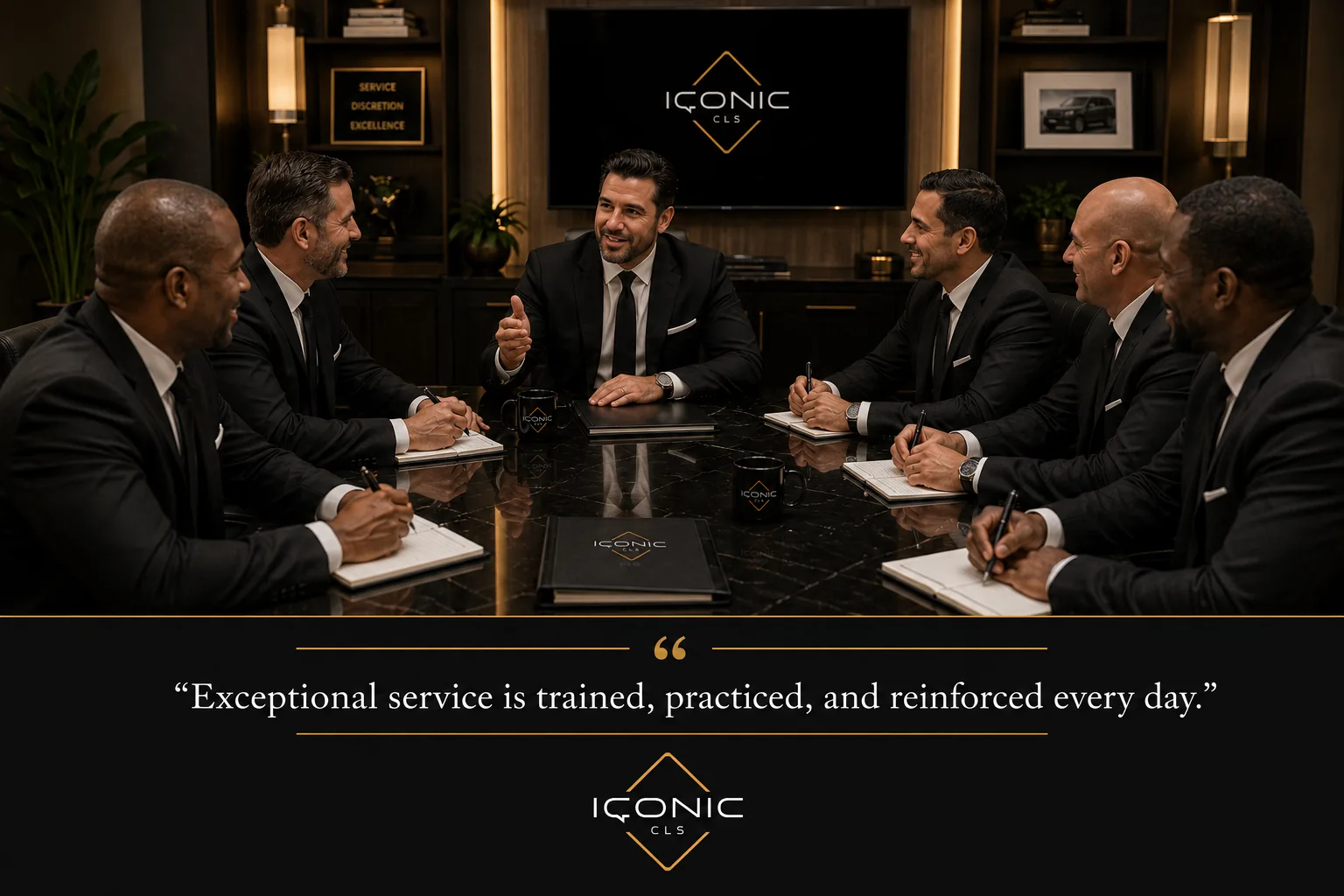 Iconic CLS chauffeurs in dark suits meeting around a boardroom table