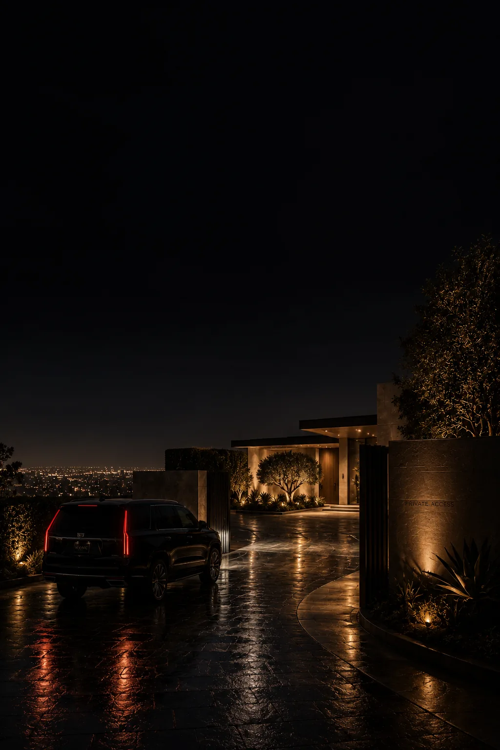 A black Cadillac Escalade waiting on a wet driveway at a lit private entrance above the Los Angeles city lights at night